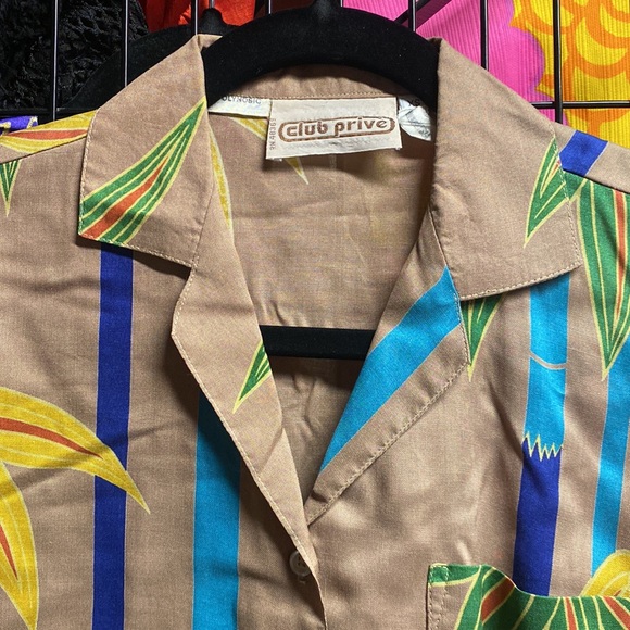 Vintage 80s Club Prive Bamboo Print S/s Button Down - Picture 2 of 6
